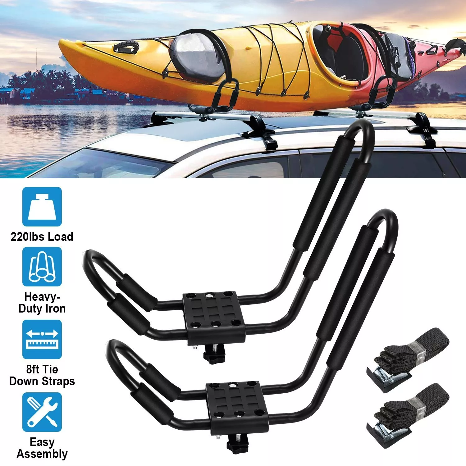 1-pair-universal-j-bar-kayak-carrier-220lbs-load-heavy-duty-canoe-car-top-mount- 1 Pair Universal J-Bar Kayak Carrier 220LBS Load Heavy Duty Canoe Car Top Mount Carrier Roof Rack with 2Pcs Tie Down Straps