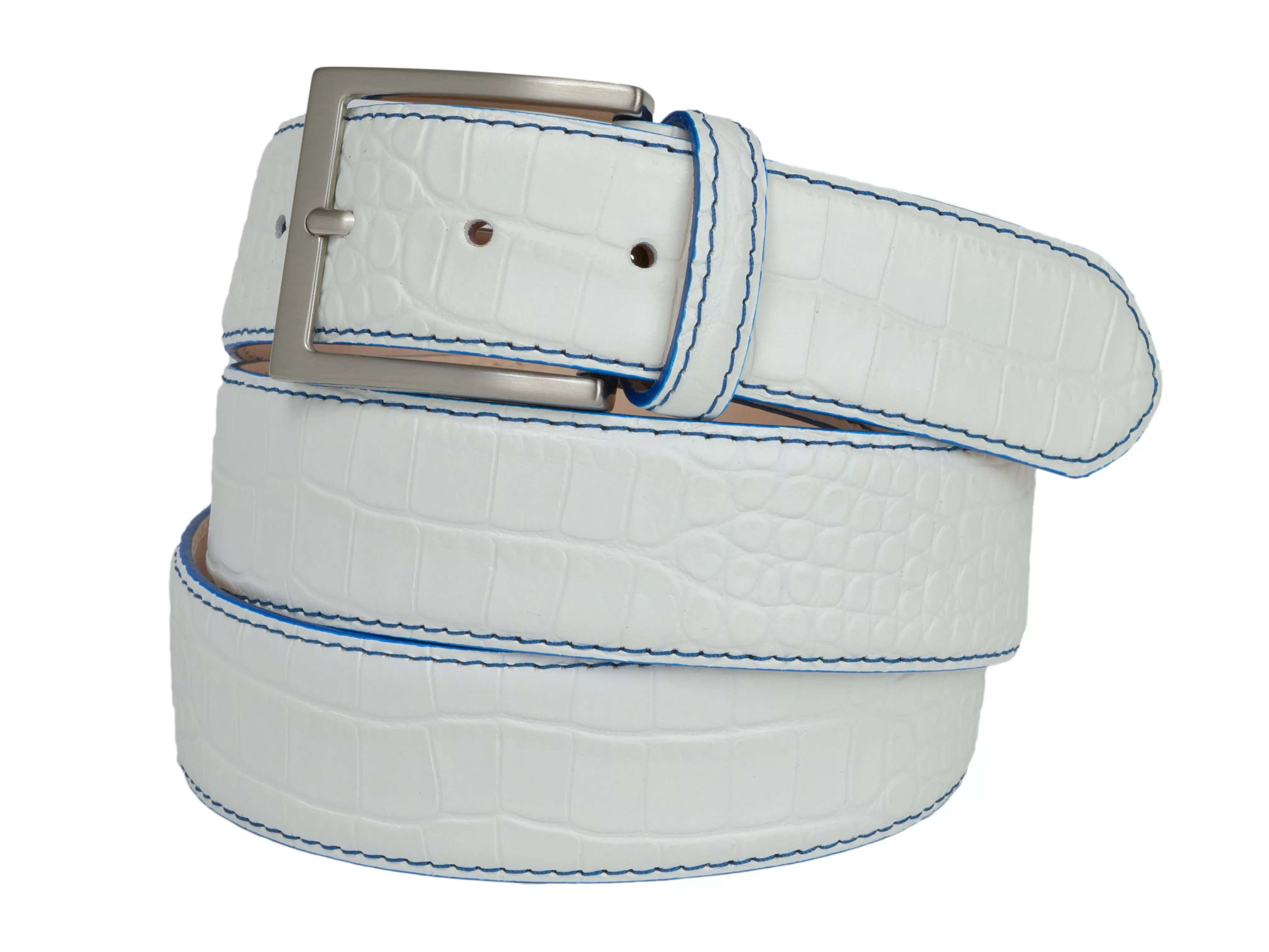 calf-skin-alligator-embossed-belt-white-blue-stitch Calf Skin Alligator Embossed Belt White / Blue Stitch