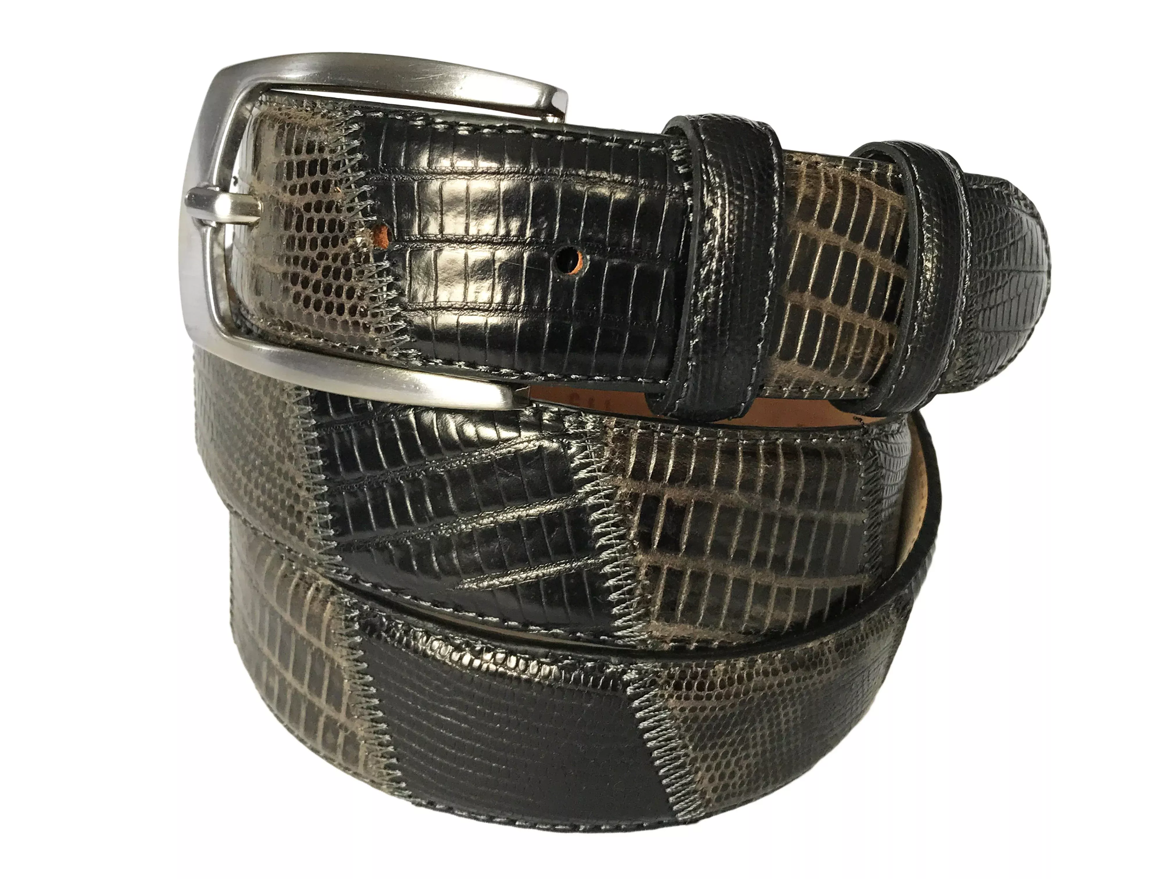 calf-skin-lizard-embossed-patchwork-belt-black-gray Calf Skin Lizard Embossed Patchwork Belt Black/Gray