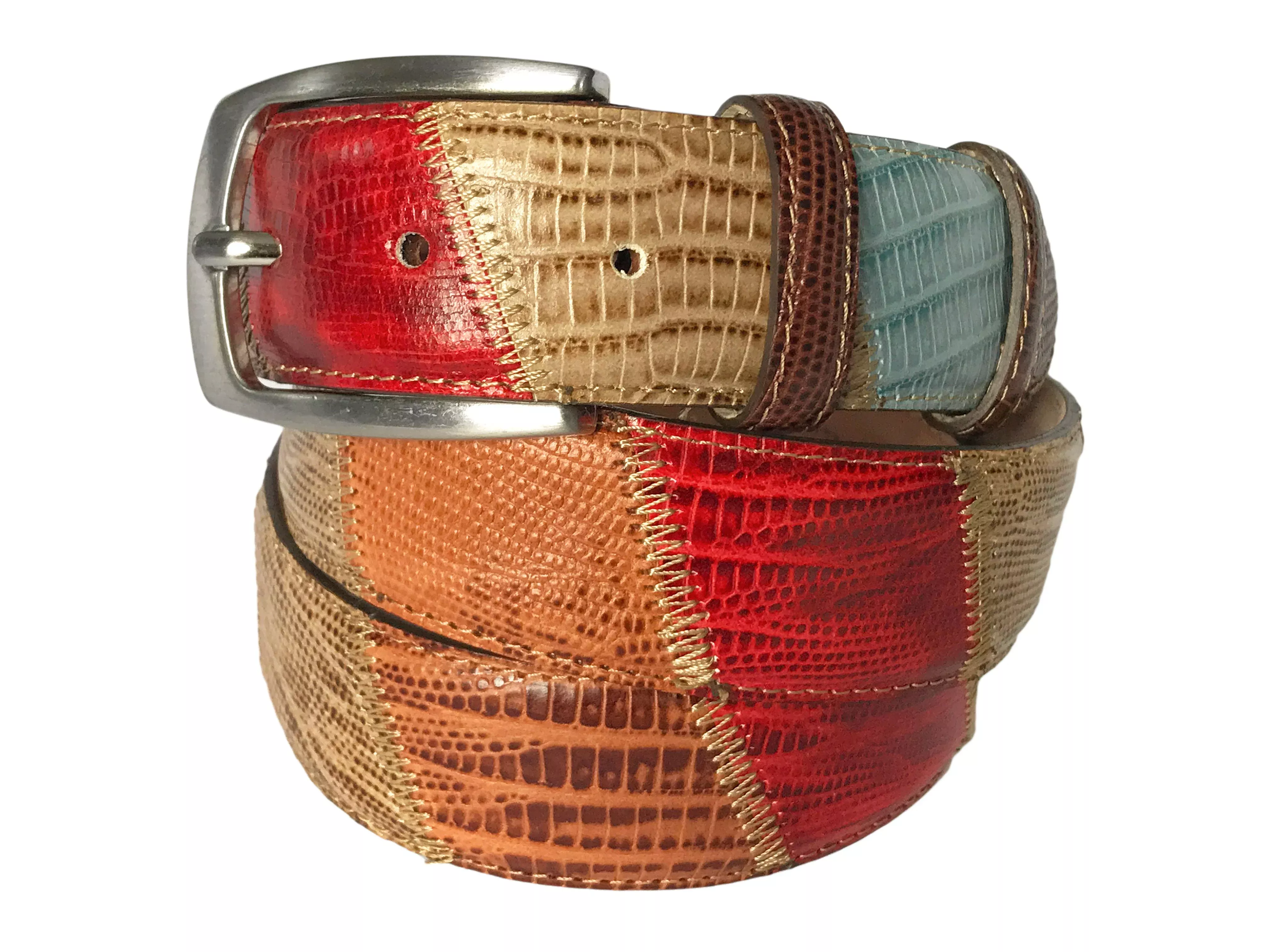 calf-skin-lizard-embossed-patchwork-belt-multicolor Calf Skin Lizard Embossed Patchwork Belt Multicolor