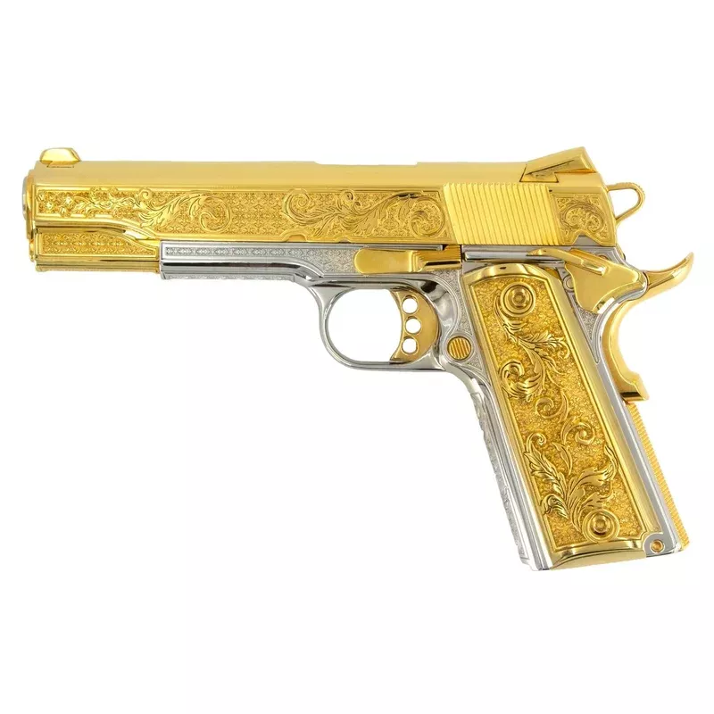 french-baroque-springfield-1911-garrison-9mm-white-chrome-frame-with-24-karat-go French Baroque Springfield 1911 Garrison 9mm White Chrome frame with 24 Karat Gold Slide and Accents
