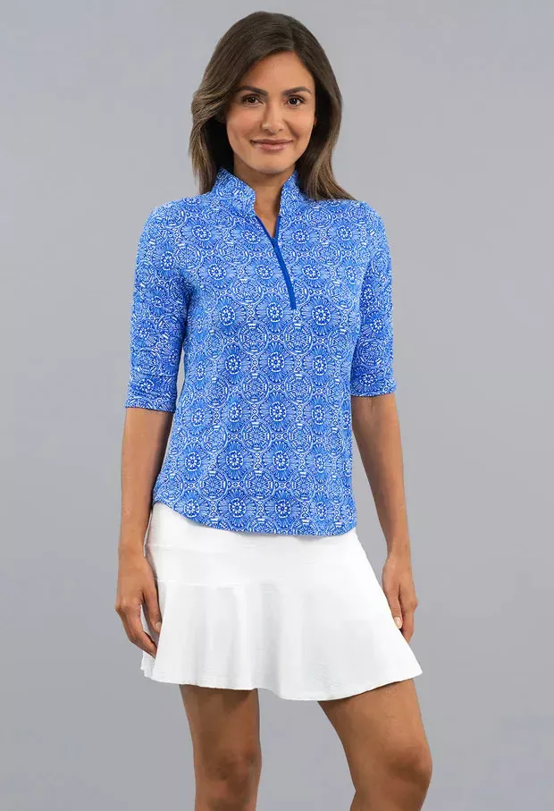 Ibkul Ruched Elbow Sleeve Amani Blue/White 41430