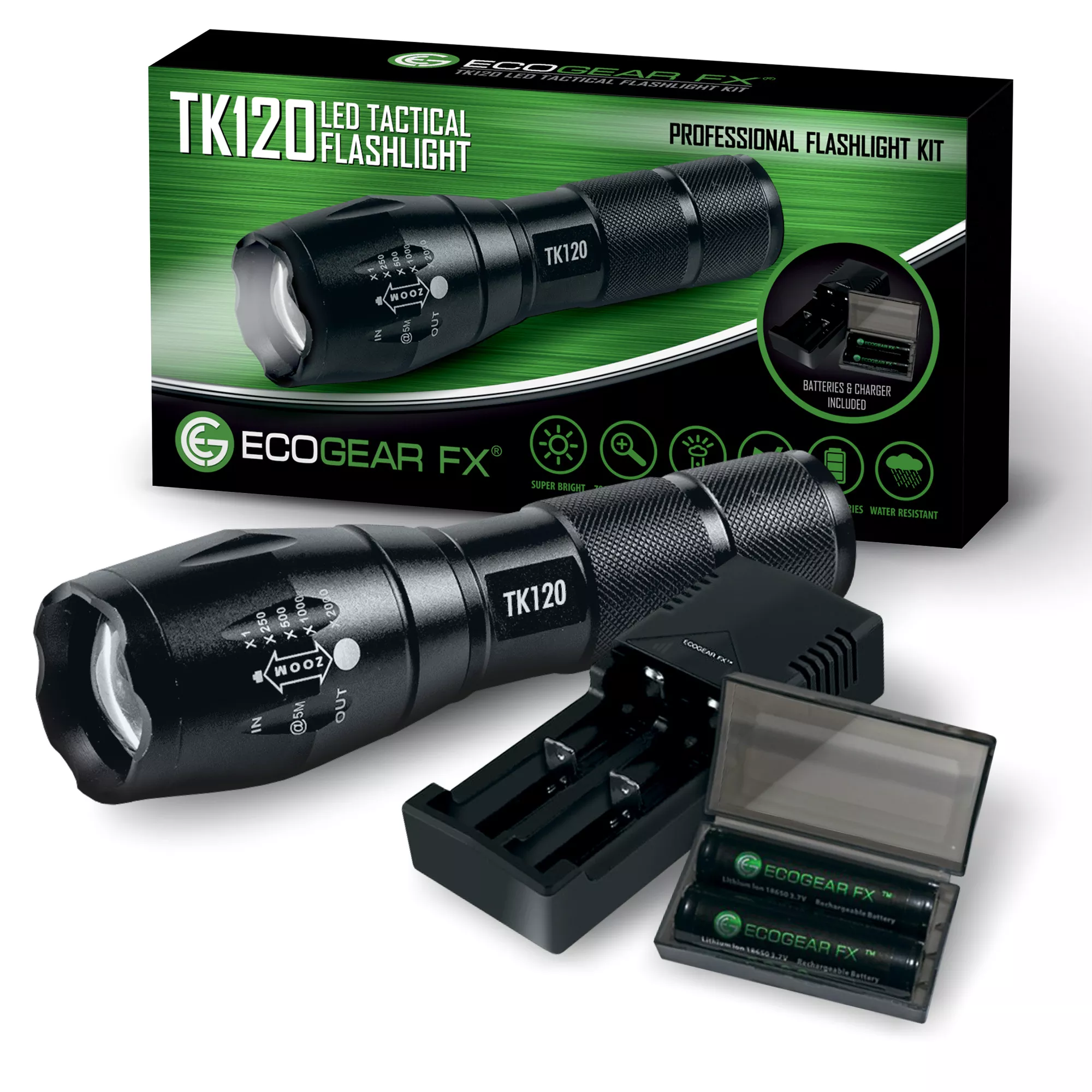 Tactical Professional LED Flashlight Kit with Rechargeable Batteries & Charger
